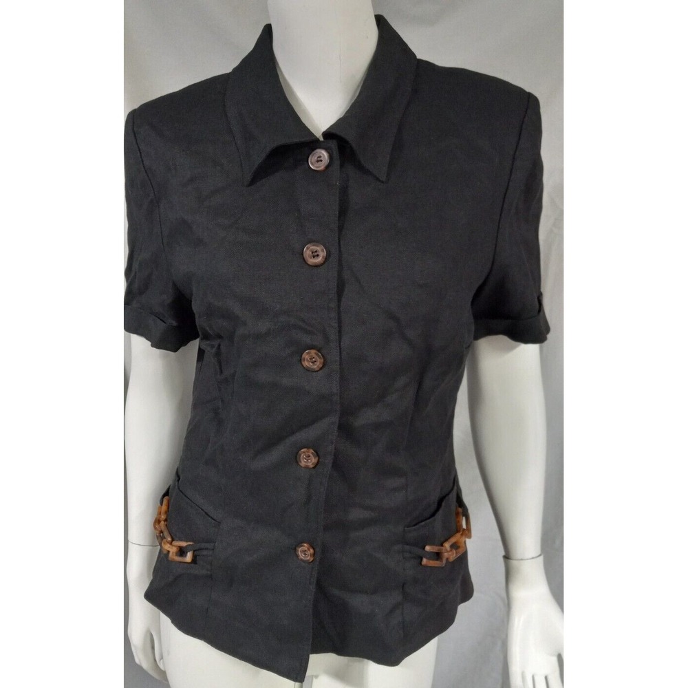 Plaza South petites 10 linen blazer jacket short sleeve shoulder pads black VTG